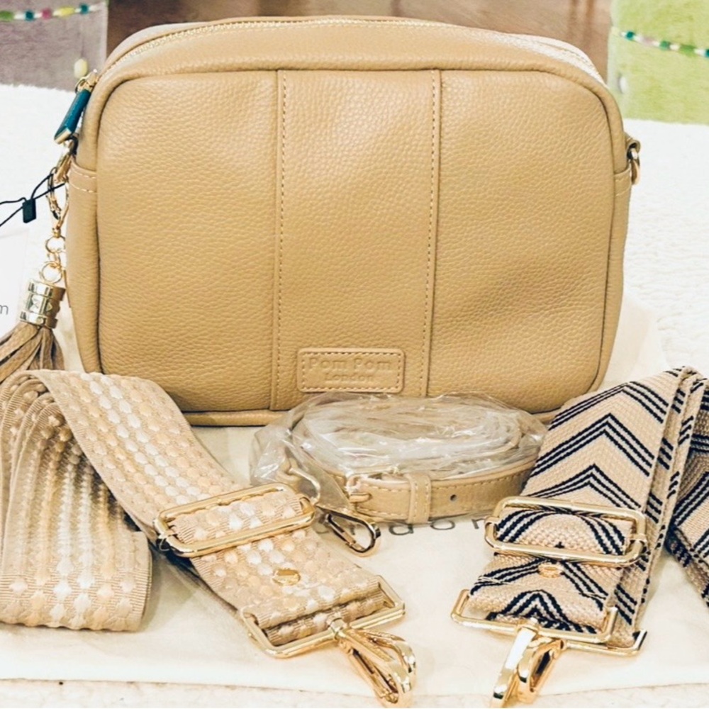 Pom Pom London SANDSTONE City Leather Crossbody Bag w/3 PPL  Straps - NWT 💎